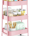 EAGMAK 3 Tier Utility Rolling Cart, Metal Storage Cart with Handle and Lockable Wheels, Multifunctional Storage Organizer Trolley with Mesh Baskets for Kitchen, Living Room, Office, Garage (Pink)