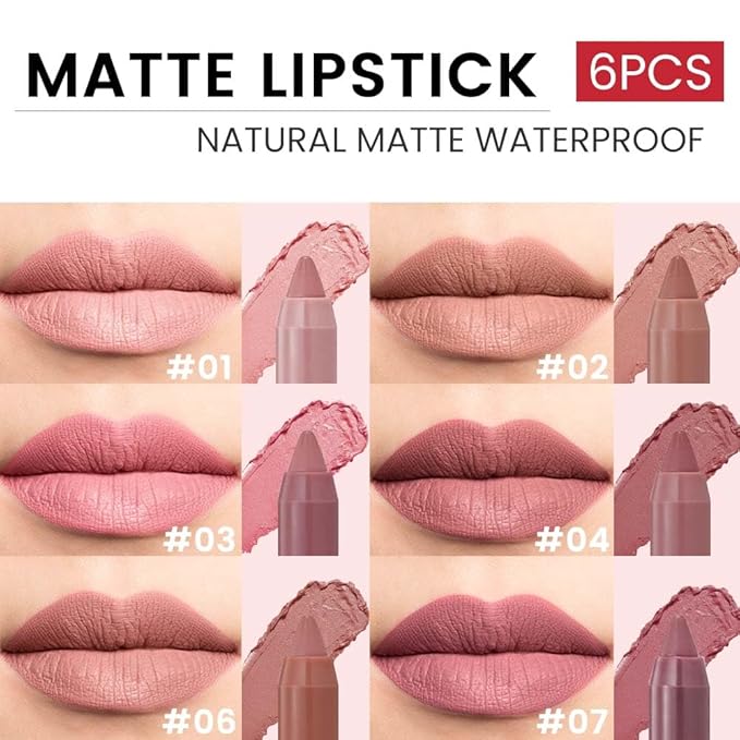 BINGBRUSH 6Pcs Crayon Matte Longwear Lipstick Pack Set,Moisture Smooth Color Stick Ultimate Lip Crayon for Makeup Collection - Waterproof Lasting Lipstick Gloss for Women(6pcs 01#&02#&03#&04#&06#&07#)