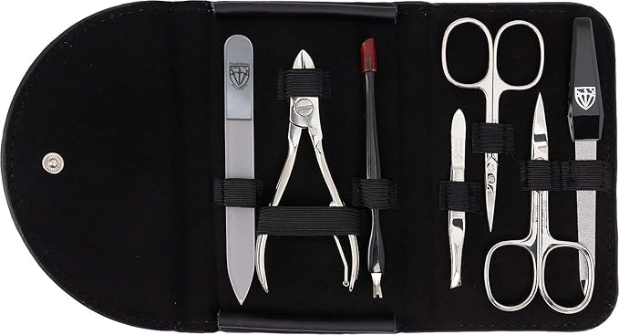 3 Swords Germany - brand quality 7 piece manicure pedicure kit set - nail care tools by 3 Swords - black genuine leather