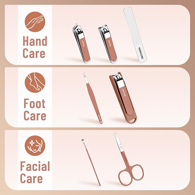 Nail Clippers and Beauty Tool Portable Set, Cuticle Nail Care Tools, 7pcs Stainless Steel Grooming Kit, Suitable for Home, Workplace, Outdoor Travel, Gift Giving, Salon., Beige+Brown