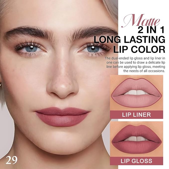 Kaely 2-in-1 Matte Lipstick and Lip Liner, Liquid Lip Stain Makeup for women Long Lasting Waterproof Smudge Proof, labiales matte mate larga duracion listip 24 hours originales, 29 Antique Rose