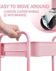 TOOLF 3-Tier Metal Rolling Cart with Wheels, Storage Utility Organizer Cart for Kitchen, Bathroom, Office, Baby Essentials & Makeup - Lockable Casters, Easy Assembly, Large Capacity, Pink