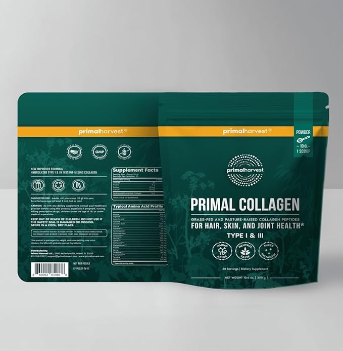 Primal Harvest Collagen Powder for Women or Men Primal Collagen Peptides Powder Type I & III, 10 Oz Collagen Protein Powder for Hair, Skin, Nails (Two Pack, Unflavored)