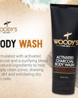 Woody's Activated Charcoal Body Wash for Men - Deep Cleansing, Exfoliating Face & Body Wash, Hydrating Formula with Walnut Extracts, Fresh Scent, 8 oz