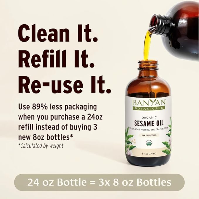 Banyan Botanicals Sesame Oil – Organic & Unrefined Sesame Oil for Skin, Body, Hair & More – Multiple Sizes – 24 oz – Non GMO Sustainably Sourced Vegan