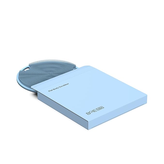 Boie USA Flat Body Scrubber - Soft Silicone-Like Exfoliating Shower Scrubber & Body Cleansing Brush - Stick-to-Wall Loofah Replacement - Antimicrobial Exfoliator for All Skin Types (Blue)