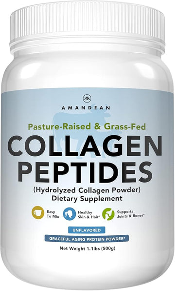 AMANDEAN Collagen Peptides Powder (17.6oz). Grass-Fed Hydrolyzed Protein Supplement. Promotes Healthy Joints, Skin, Hair, Nails. Unflavored & Easy to Mix.