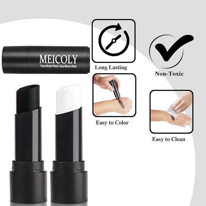 MEICOLY Black White Face Body Paint Stick Set,Waterproof Face Paint Stick for Adults and Kids,Clown White Makeup,Face Painting for Halloween SFX Skull Zombie Skeleton Goth Makeup
