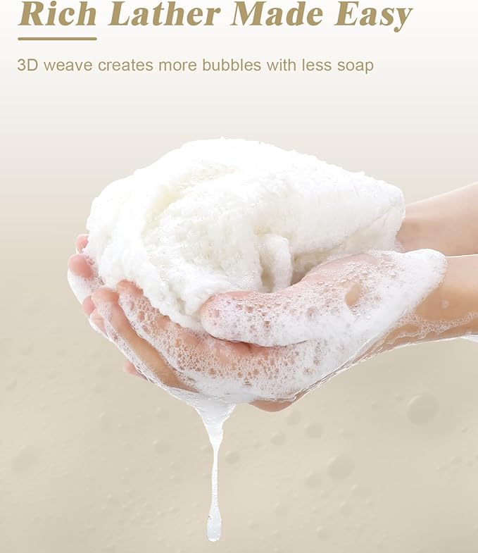 3D Wave Weave Japanese Exfoliating Washcloth, Long Exfoliating Back Scrubber for Shower, Gentle Body Scrub Towel, Korean Style, Cloud (Soft)