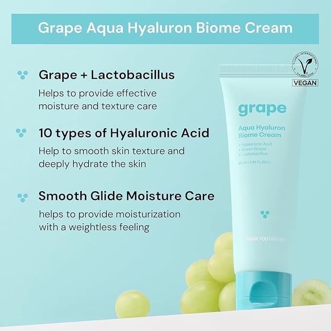THANKYOU FARMER Grape Aqua Hyaluron Biome Cream, 10 Types Hyaluronic Acid, Non-Comedogenic, Dewy Soft Skin, Lactobacillus Ferment, Korean Moisturizer for Oily Skin 2.81 fl.oz 80ml