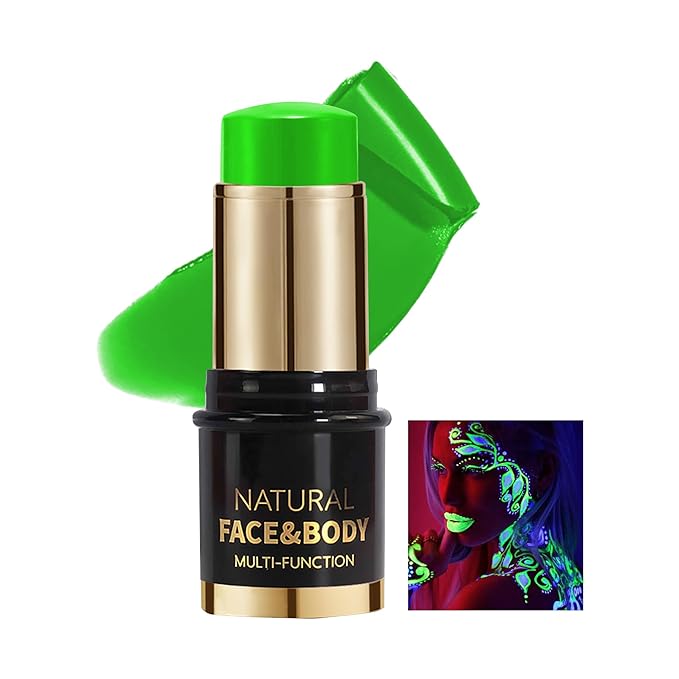 UV Neon Green Face Body Paint Stick, Colored Professional Full-Coverage Oil-Based Eye Black Stick for Halloween Cosplay Christmas, Face Painting Foundation Makeup Glow in the Dark Party Supplies-08