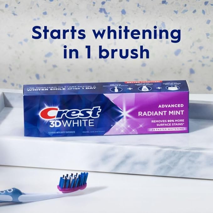 Crest 3D White Advanced Teeth Whitening Toothpaste, Radiant Mint, 3.3 oz, Pack of 2