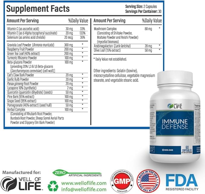 Immune Defense 600mg | 60 Veg Capsules. Enhance Immune Health with a Potent Blend of Graviola Leaf, Raspberry Fruit, Green Tea, Turmeric, Garlic. Boost Your Well-Being Naturally.