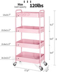 TOOLF 4-Tier Metal Rolling Cart with Wheels, Storage Utility Organizer Cart for Kitchen, Bathroom, Office, Baby Essentials & Makeup - Lockable Casters, Easy Assembly, Large Capacity, Pink
