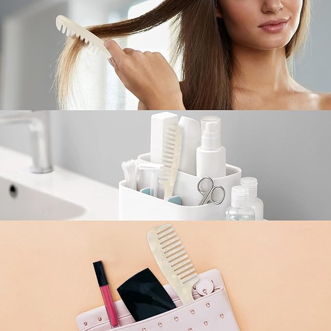 Large Wide Tooth Hair Comb, LADYAMZ [Tortoise Shell] Cellulose Acetate Round Tooth Comb for Straight/Curly Hair,Short/Long Hair Women Men or Kids, Easy Detangling Wet or Dry, Anti-static (White)