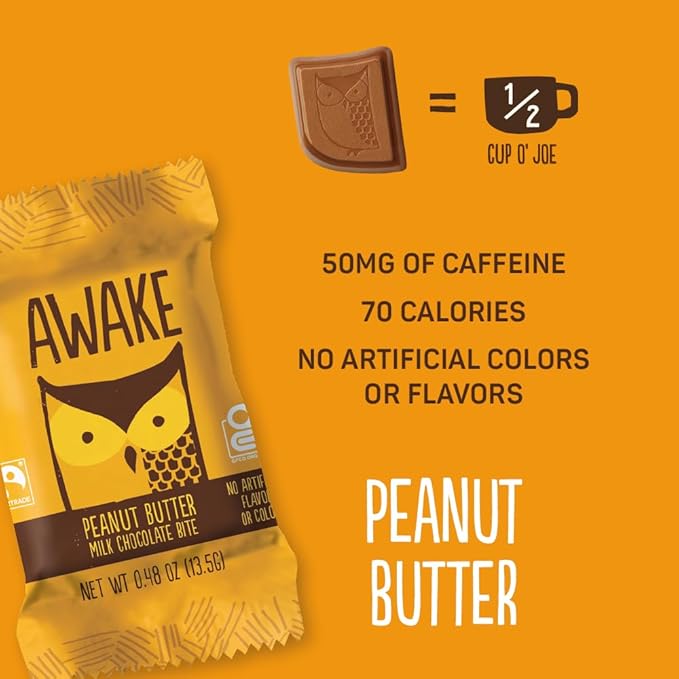 AWAKE - Caffeinated Chocolate Bites - Coffee Alternative - 50mg Caffeine - Energy Bars - Low-Calorie Snacks - Peanut Butter, Milk & Caramel Holiday Variety Pack - 50 Bites