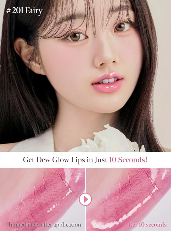 Dew Drop Tint #201 Fairy 4.5g, Hydrating, Glossy, Lightweight Lip Stain with High-shine, Long Lasting Color with Moisturizing Lip Drop, Dewy Finish, Korean Beauty Makeup