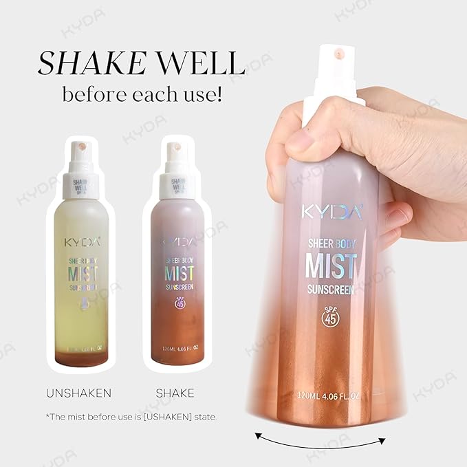 KYDA Sheer Body Sunscreen Mist, SPF 45, Radiant Glow Sunscreen Spray, Infused with Shimmer Body Oil, Ultra-fine Glowing Mist, Quick Drying, Lightweight Hydrating Spray, 4.06 fl oz, GOLD