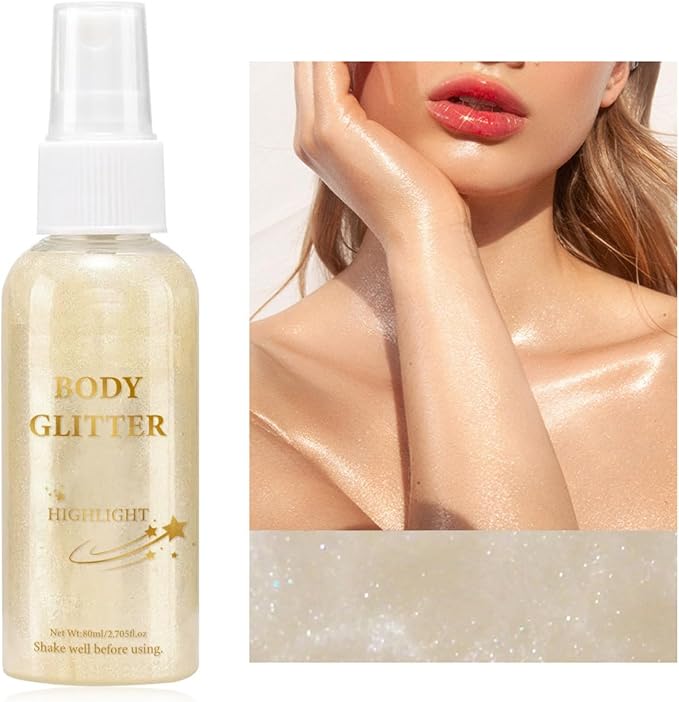 MAEPEOR Body Glitter Spray 4 Colors Quick-Drying and Non-Sticky Body Glitter Spray Moisturizing Bronze Body Shimmer for Face Hair Body (80ML, 01 Pearl White)