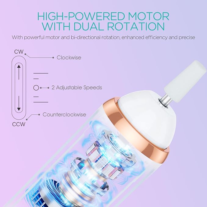 Electric Nail Drill, Cordless Nail File Machine Kit 2 Directions & Speeds for Acrylic, Gel Nails, Rechargeable with LED & 6 Nail Drill Bits for Professional Manicure and Pedicure,Gold ND310