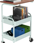 Rolling Cart with Wooden Tabletop, 3 Tier Metal Utility Cart, Rolling Storage Organizer Cart with Lockable Wheels for Kitchen, Office, Bedroom (Green)