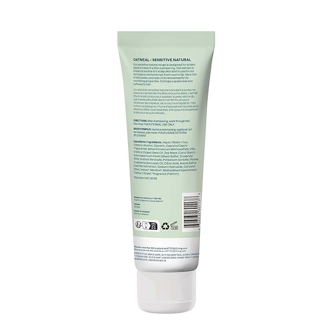 ATTITUDE Hair Conditioner for Sensitive Dry Scalp, Dry and Damaged Hair, Soothing Oat, Naturally Derived Ingredients, Dermatologically Tested, Vegan Detangler, Nourishing, 8 Fl Oz