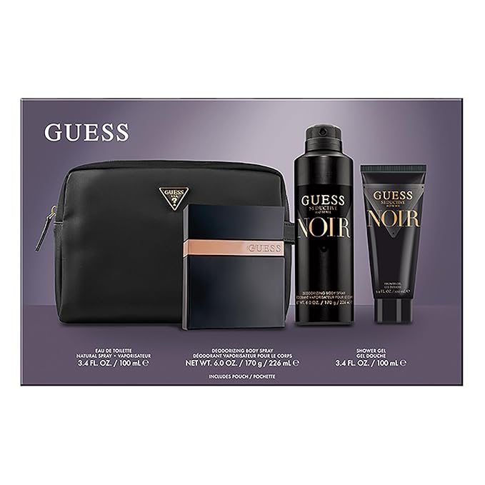 Guess Seductive Noir Men/Homme Eau de Toilette 4 Piece Gift Set - Cologne Spray 3.4 Fl. Oz., Deodorizing Body Spray 6.0 Oz., Shower Gel 3.4 Fl. Oz., & Pouch