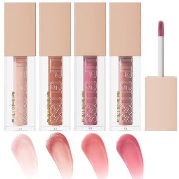 4 Pcs Hydrating Lip Gloss, ICE/MOON/SILK/PETAL High Moisturizing Oil Tint with Hyaluronic Acid, High Shine for Plumper Looking Lips (#A)