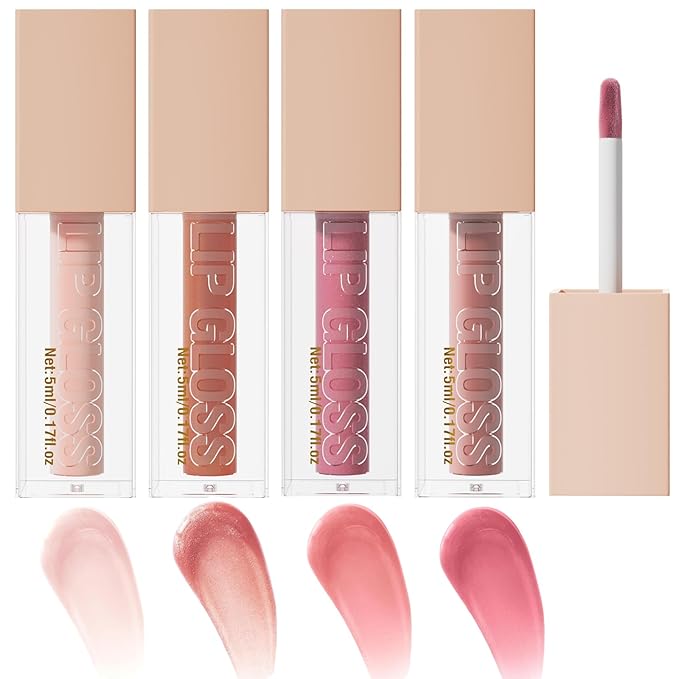 4 Pcs Hydrating Lip Gloss, ICE/MOON/SILK/PETAL High Moisturizing Oil Tint with Hyaluronic Acid, High Shine for Plumper Looking Lips (#A)