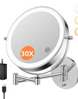 30X/1X Wall Mounted Lighted Makeup Mirror, 10'' Double Sided 4500mAh Rechargeable Magnifying Bathroom Mirror with Light, 3 Color Modes Touch Dimmable Extended Arm 360 Rotation with Adapter,Chrome