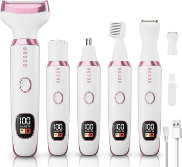 Electric Razor Shavers for Women 5 in 1 Electric Shaver for Women,Cordless Replaceable Facial Eyebrow Razors & Nose Hair Trimmer, Wet Dry Bikini Trimmer Pubic Hair Removal Gifts for Womens 3028A White