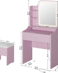 LIKIMIO Small Makeup Vanity Desk with Mirror and Lights, Vanity Table Set with Storage Drawer, Chair and Three Shelves, Bedroom, Pink