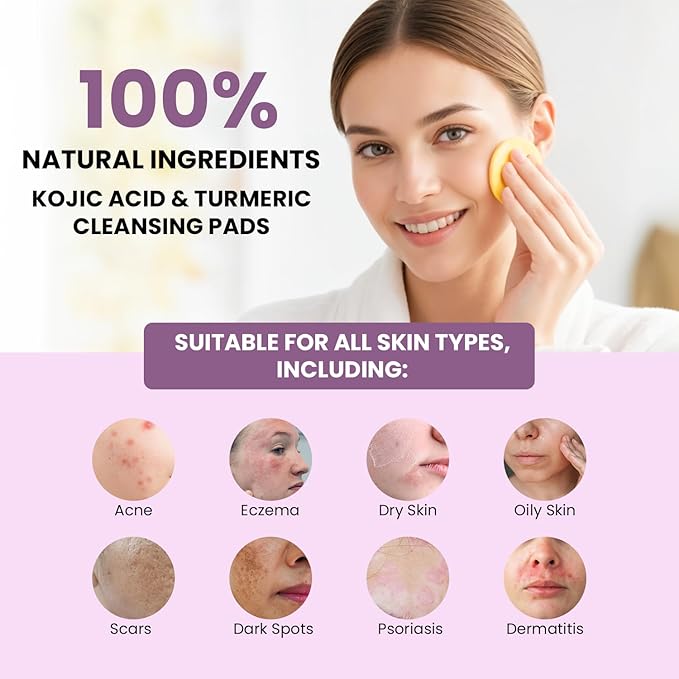 Turmeric Kojic Acid Cleansing Pads, 30 Count | Soothing Chamomile | Nourishing & Brightening, Oil Control & Even Skin Tone for All Skin Types