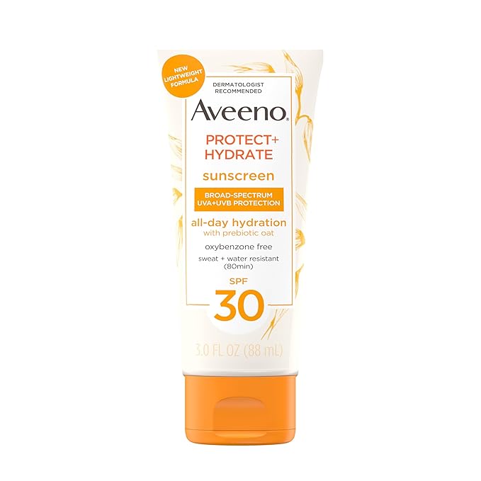 Aveeno Protect + Hydrate Moisturizing Sunscreen Lotion with Broad Spectrum SPF 30 & Prebiotic Oat, Weightless Sweat & Water-Resistant Full Body Sunscreen, Oxybenzone-Free, 3.0 fl. oz