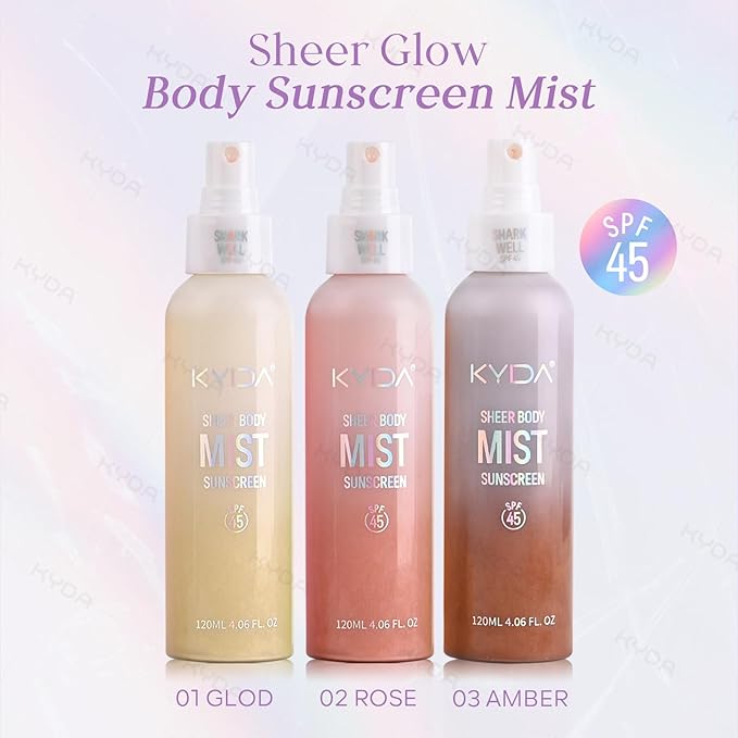 KYDA Sheer Body Sunscreen Mist, SPF 45, Radiant Glow Sunscreen Spray, Infused with Shimmer Body Oil, Ultra-fine Glowing Mist, Quick Drying, Lightweight Hydrating Spray, 4.06 fl oz, GOLD