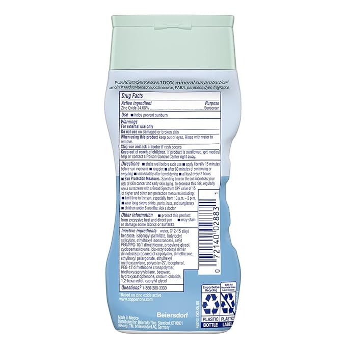 Coppertone Pure and Simple Zinc Oxide Mineral Sunscreen Lotion SPF 50, Water Resistant Sunscreen for Sensitive Skin, Hypoallergenic and Fragrance Free, 6 Fl Oz Bottle