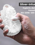 Silicone Body Scrubber Silver-Infused Dual-Sided 3-in-1 for Shower, Body Cleaning+Massage+Exfoliator Body Brush Buffer for Men and Women, Silicone Loofah, Non-Slip Handle (White)