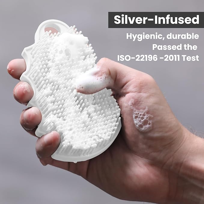 Silicone Body Scrubber Silver-Infused Dual-Sided 3-in-1 for Shower, Body Cleaning+Massage+Exfoliator Body Brush Buffer for Men and Women, Silicone Loofah, Non-Slip Handle (White)