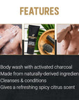 Woody's Activated Charcoal Body Wash for Men - Deep Cleansing, Exfoliating Face & Body Wash, Hydrating Formula with Walnut Extracts, Fresh Scent, 8 oz