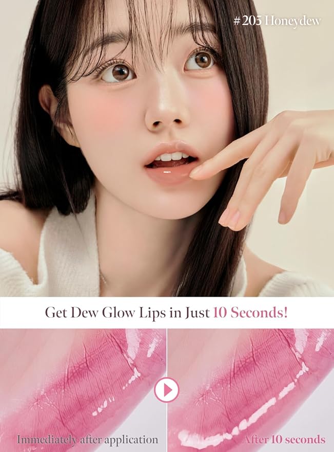 Dew Drop Tint #205 Honeydew 4.5g, Hydrating, Glossy, Lightweight Lip Stain with High-shine, Long Lasting Color with Moisturizing Lip Drop, Dewy Finish, Korean Beauty Makeup
