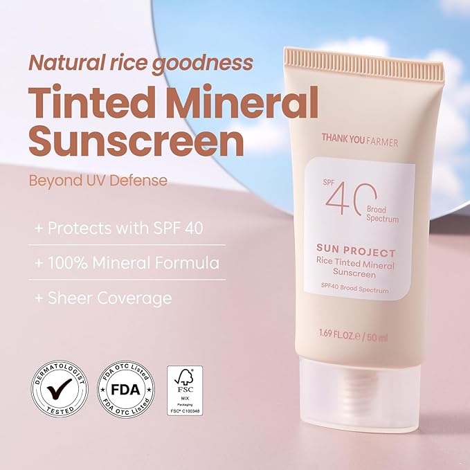 THANKYOU FARMER Sun Project Rice Tinted Mineral Sunscreen SPF40 Broad Spectrum - Korean Face Sunscreen with Zinc Oxide - Tinted SPF with No White Cast, Dermatologist-Tested - 1.69 fl oz