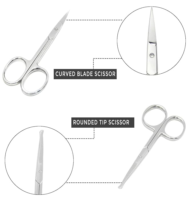 Pack of 2 Curved & Rounded Blunt Tip Stainless Steel Small Scissors for Eyebrows & Eyelashes, Beard Trimming & Moustache, Baby Nails, Nose & Facial Hair