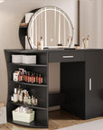 Vanity Desk with Mirror and Lights & Hidden Storage,3-Color Adjustable Lights, 4-Tier Open Shelves,Large Drawer, Extra-Wide 19.3" Desktop, Black Dressing Table for Bedroom