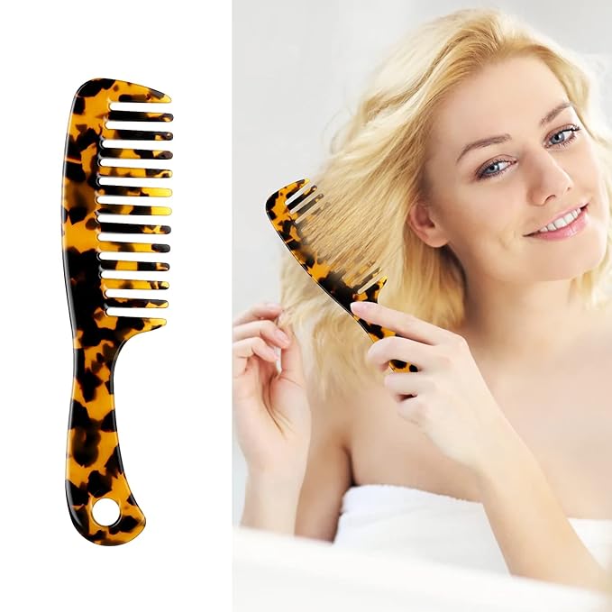 Large Wide Tooth Hair Comb, LADYAMZ [Tortoise Shell] Cellulose Acetate Round Tooth Comb for Straight/Curly Hair,Short/Long Hair Women Men or Kids, Easy Detangling Wet or Dry, Anti-static (Brown)