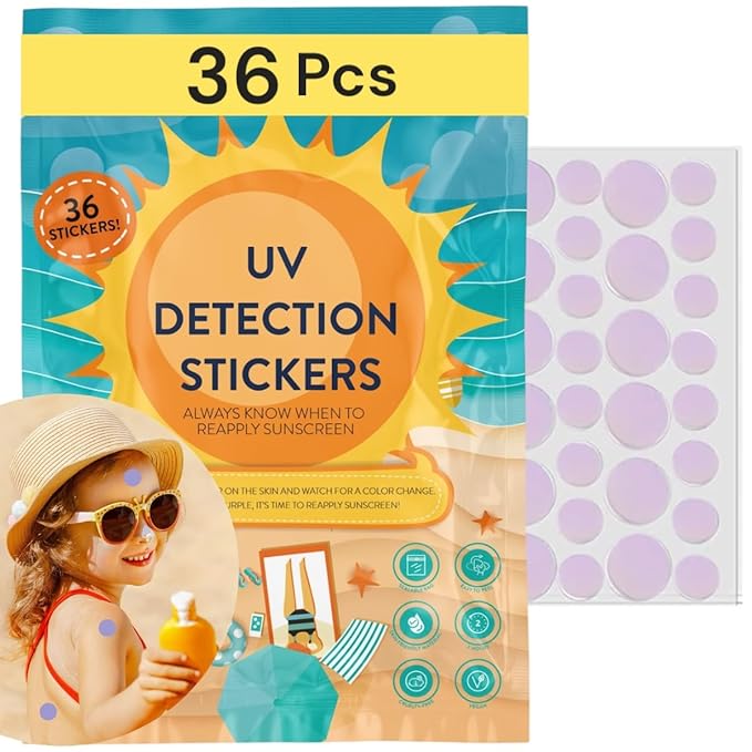 UV Stickers for Sunscreen - 36 PCS UV Detection Stickers, Kid Friendly Sun Protection Reminder, Sunscreen Patches, Summer and Beach Vacation Essentials (36)