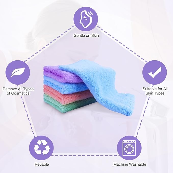 Makeup Remover Cloths 28 Pack - Super Soft Premium Coral Velvet Facial Cleansing Towels 7x7 Inch, Highly Absorbent Microfiber Reusable Washcloths for Face, Eye, Lips