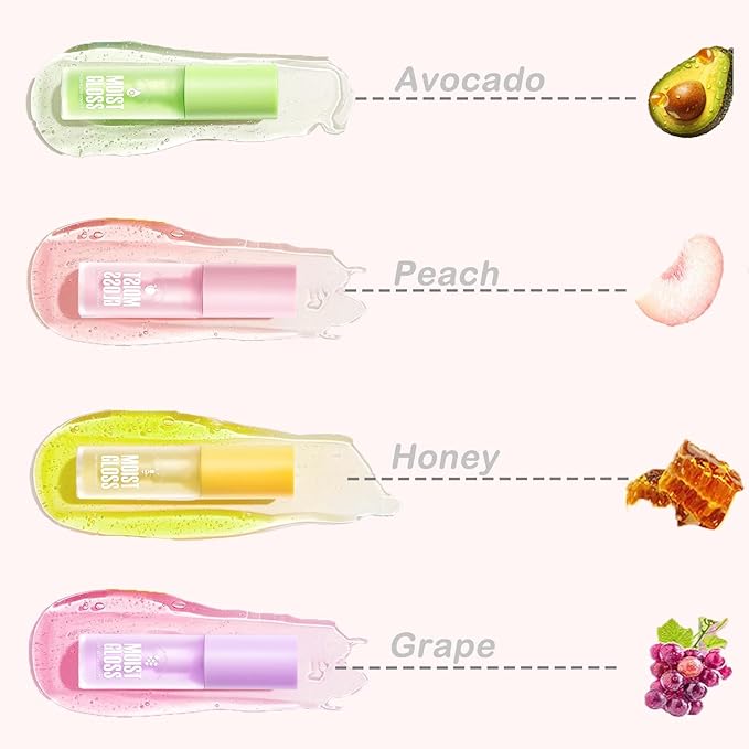 4Pcs Hydrating Lip Oil Set,Clear Lip Gloss,Long Lasting Nourishing Revitalizing for Dry Lips,Waterproof,Lip Gloss Base Flavoring Oil for Women Girls(Avocado+Grape+Peach+Honey)