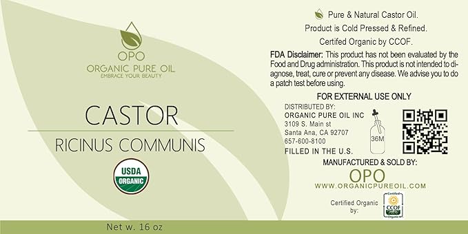 Organic Castor Oil | USDA Certified Organic, Pure and Cold Pressed, Refined, Non-GMO Hexane-Free - 16 oz - for Skin, Hair, Nails, Body, Eyelashes, Growth, Conditions, Nourishes & Hydrates