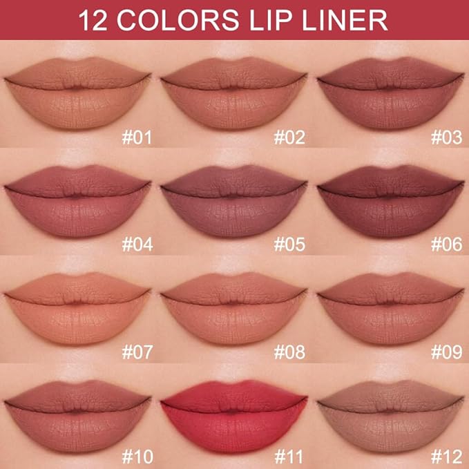 12 Colors lip liner pencils, Modern Classic Lip Liner, Lip Liner Pigmented Vegan Matte, Lasting Finish Lip Liner, Luxurious Creamy Long Lasting Lip Liner, Prevents Feathering and Fading, (12)