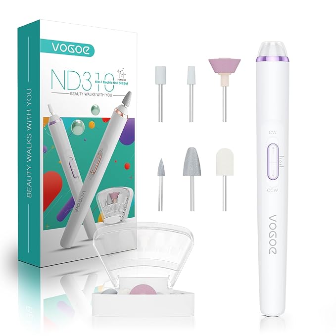 Electric Nail Drill, Cordless Nail File Machine Kit 2 Directions & Speeds for Acrylic, Gel Nails, Rechargeable with LED & 6 Nail Drill Bits for Professional Manicure and Pedicure, Purple ND310